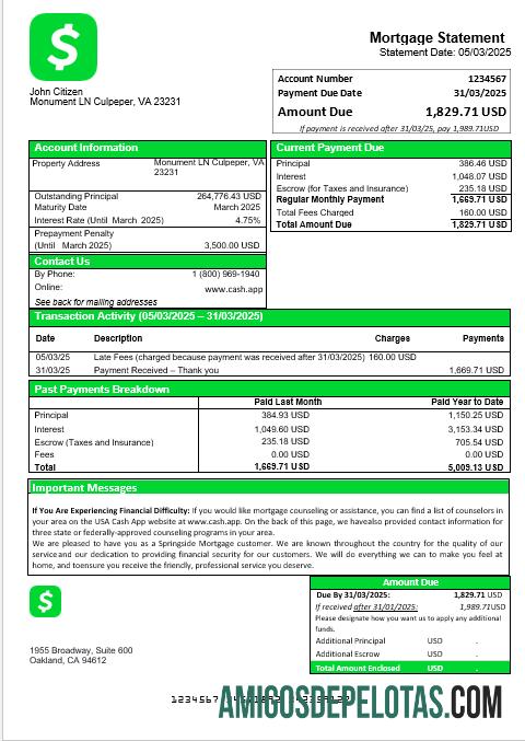Extrato de hipoteca do aplicativo USA Cash em formatos Word e PDF modelo